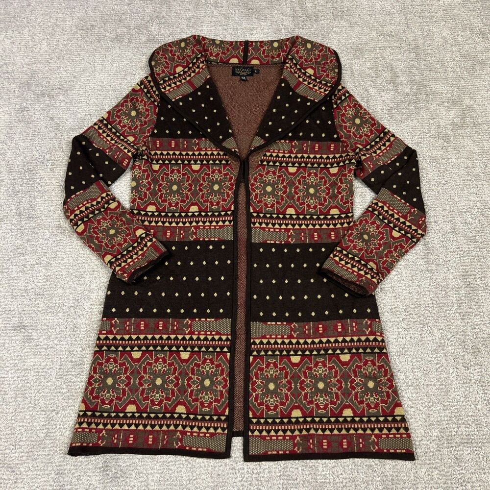 Icelandic Design Cardigan Sweater Womens Large Merino Wool Aztec Long Pockets